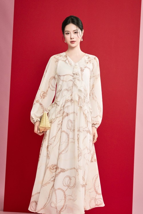 Sixdo Printed White Voile Maxi Dress